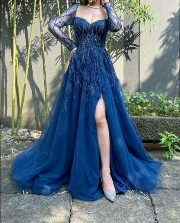 Blue Long Sleeves Slit Prom Dress Long Party Dress Evening Dress HZ1023